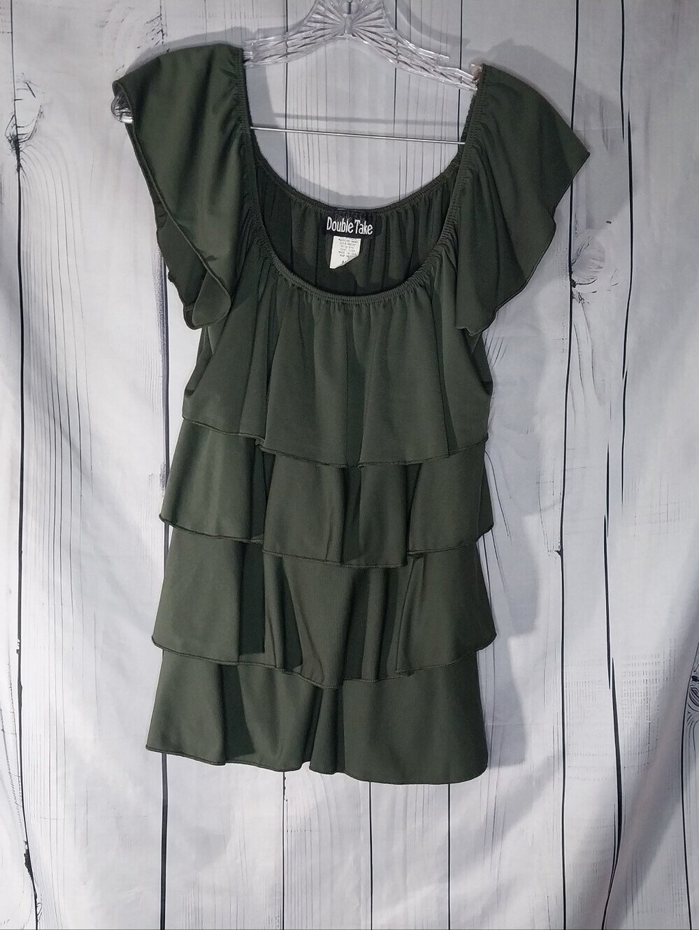 Double Take Olive Green Tiered Ruffle Boho Y2K  Casual Flowy Going Out Top